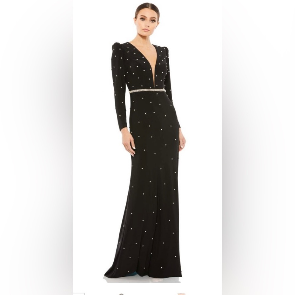 Mac duggal Belted Jewel Encrusted Plunge Neck Long Sleeve Gown